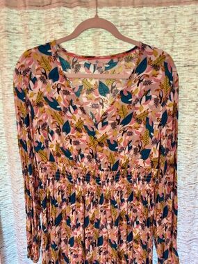 Boden Pink Multicolor Leaf-Print Long Sleeve Dress